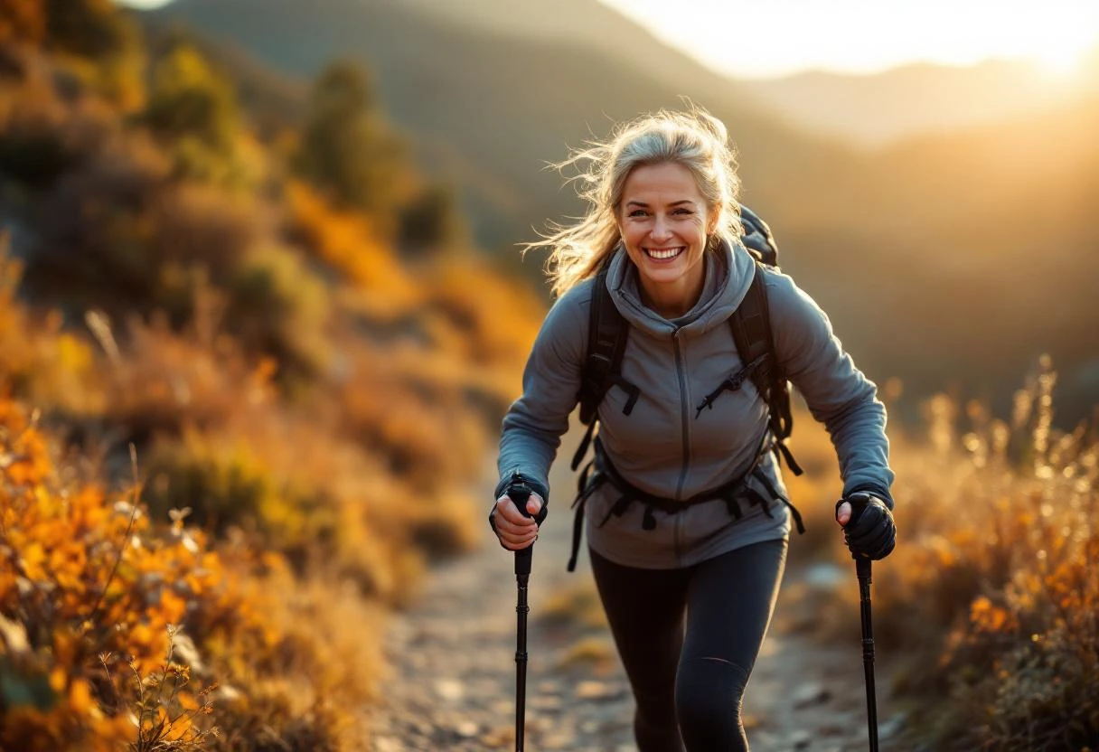 Active woman hiking with compression sleeve